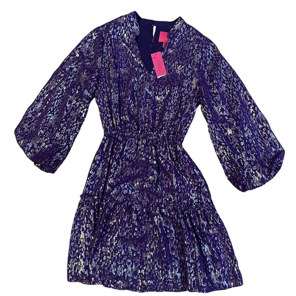 Lilly Pulitzer NWT Joella Silk Dress Purple Wildside Metallic Dress Size 0 - Picture 2 of 5